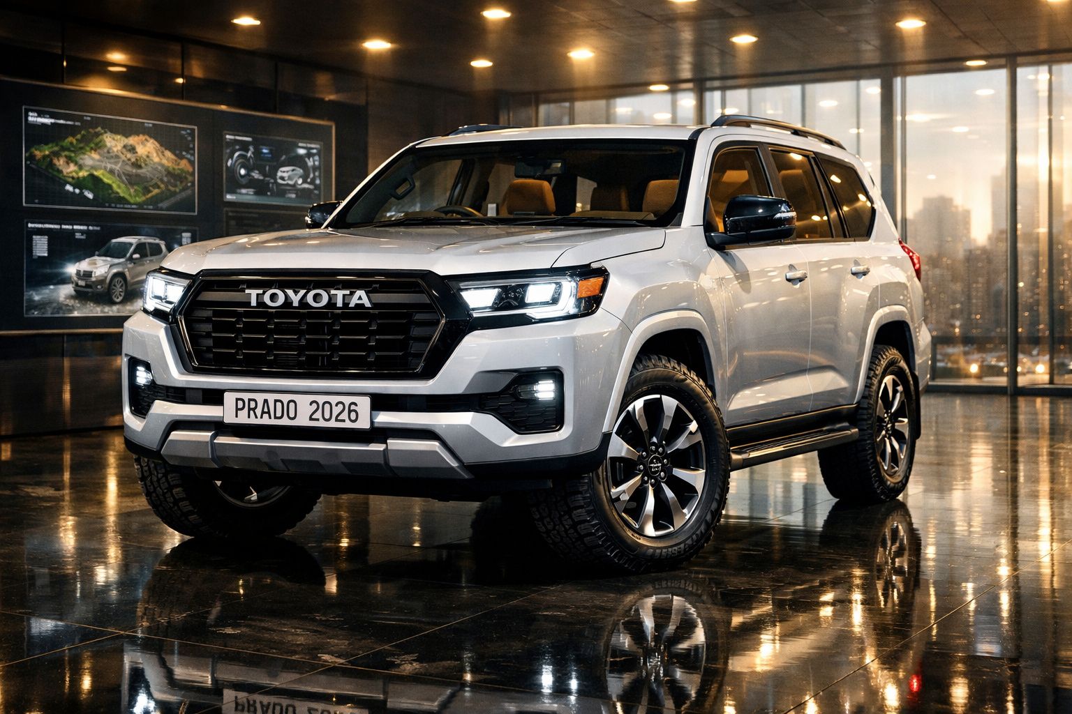 Toyota Prado 2026 branco estacionado em interior moderno com reflexos no chão brilhante.