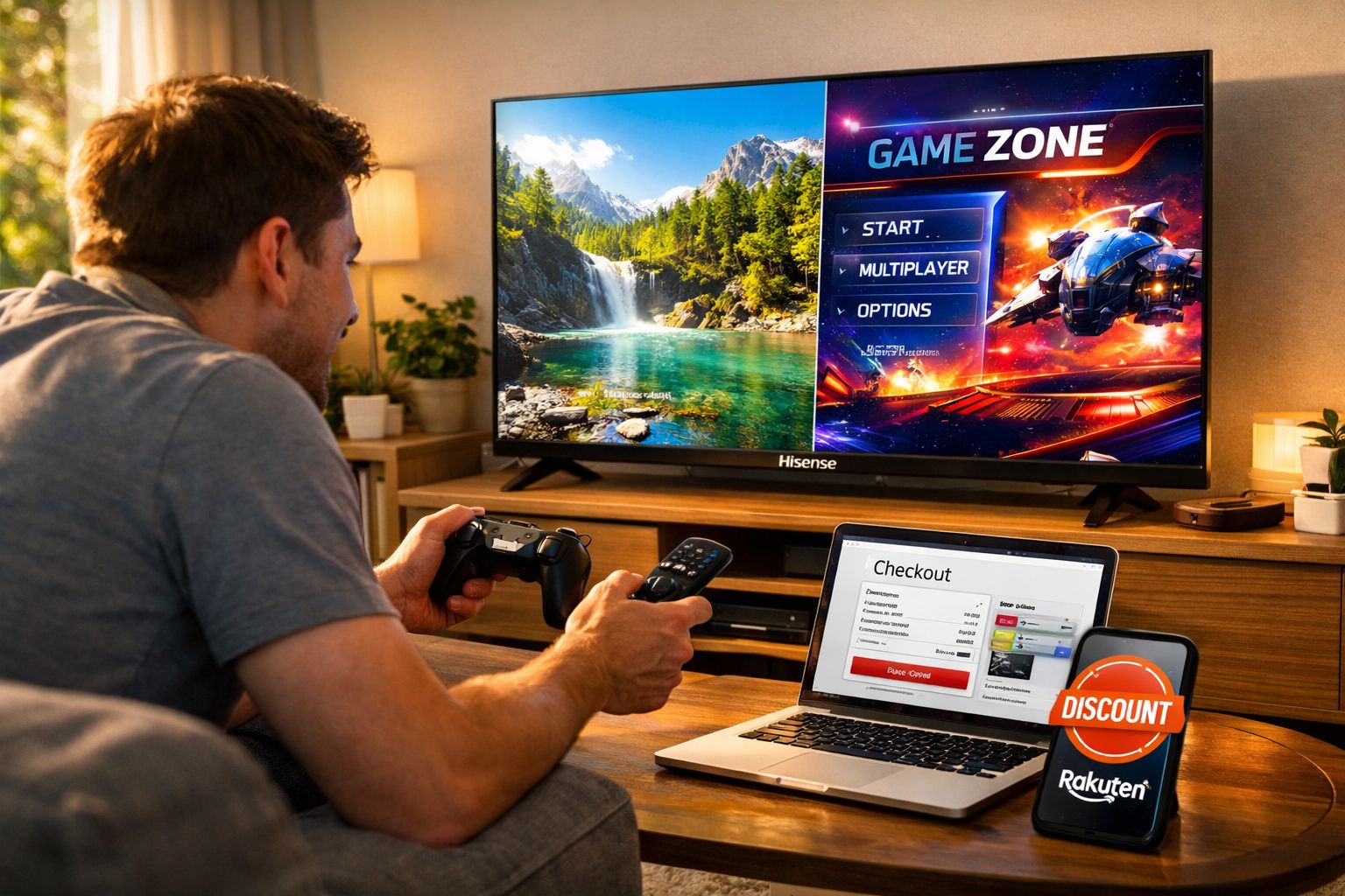 Homem sentado no sofá a jogar videojogos na TV com comando, enquanto faz compras online no portátil.