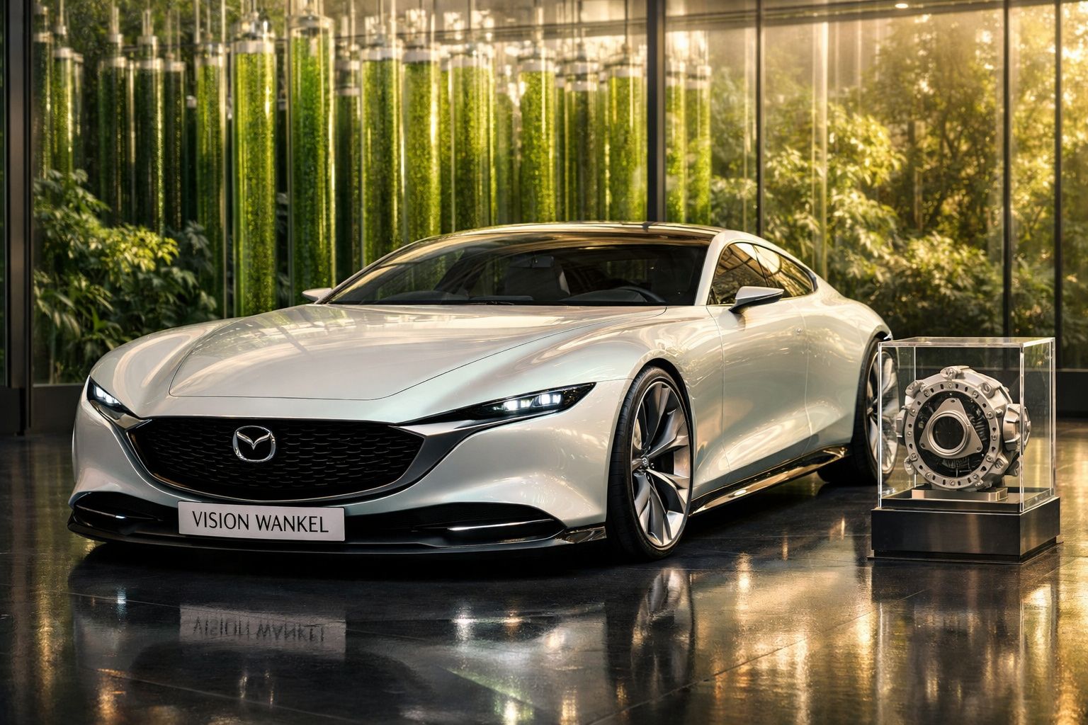 Carro desportivo branco Mazda Vision Wankel num espaço interior com detalhes de motores à direita.