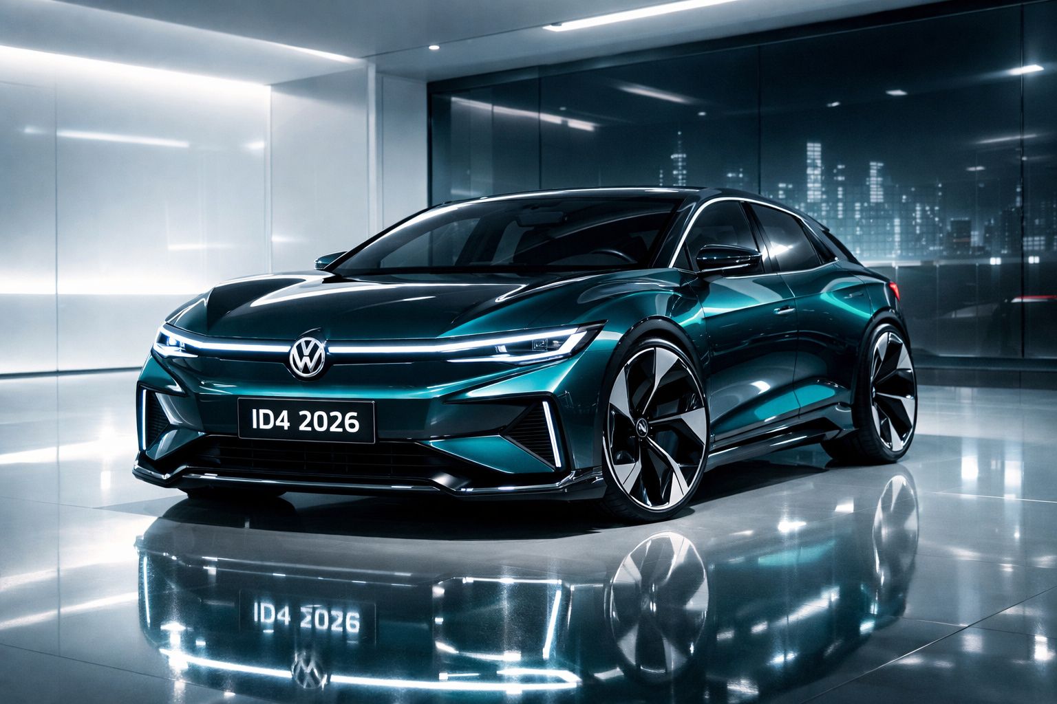 Carro elétrico Volkswagen ID.4 2026 verde escuro com design futurista em ambiente urbano iluminado.
