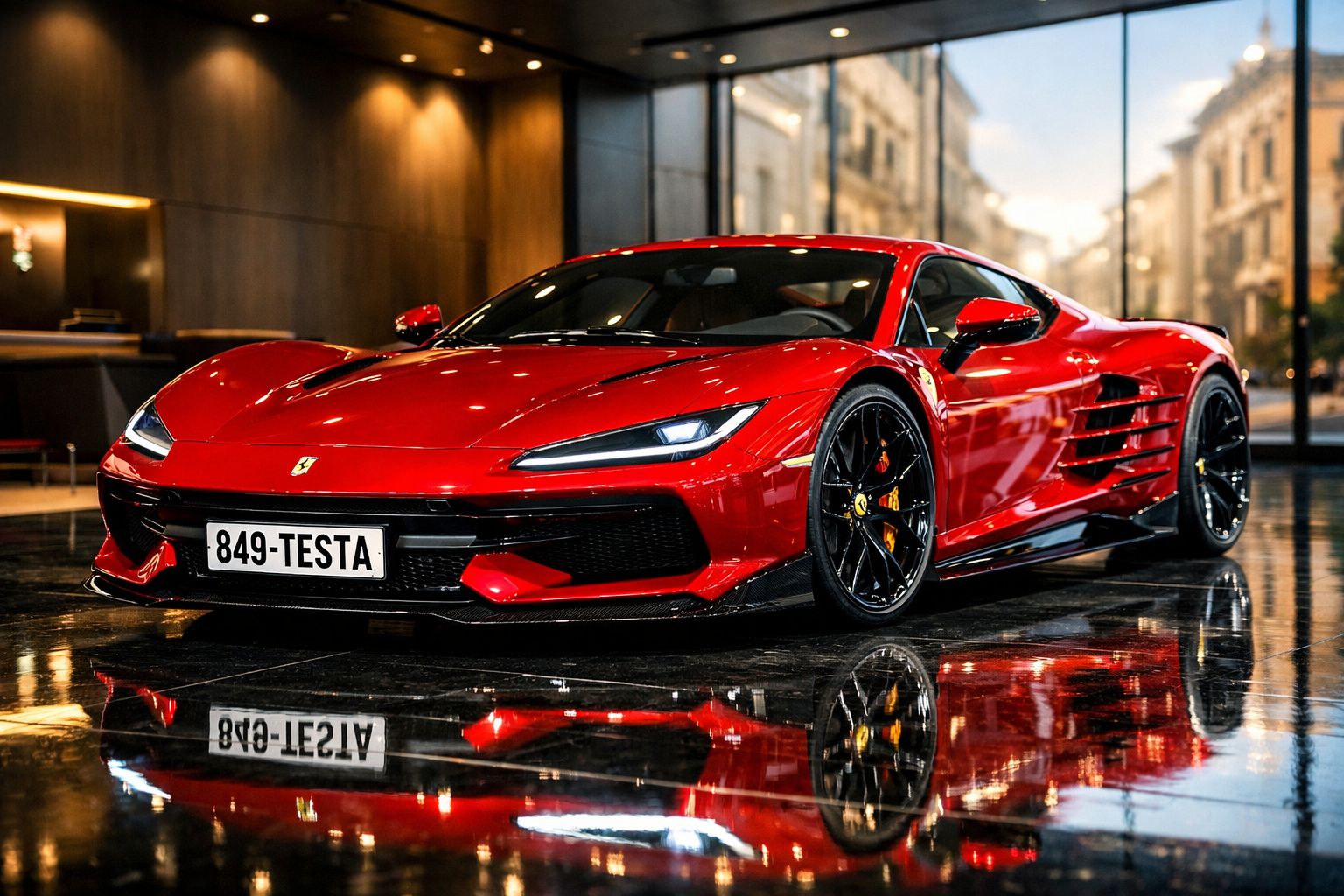 Carro desportivo vermelho Ferrari estacionado em chão espelhado numa garagem moderna.