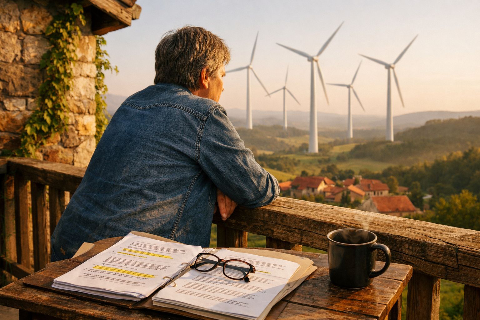 Homem de casaco azul apoiado em varanda a observar turbinas eólicas ao pôr do sol, com documentos e chá na mesa.