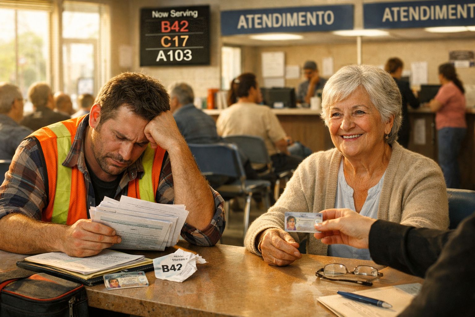 Homem cansado com colete refletor consulta documentos enquanto idosa sorri a receber cartão num balcão.