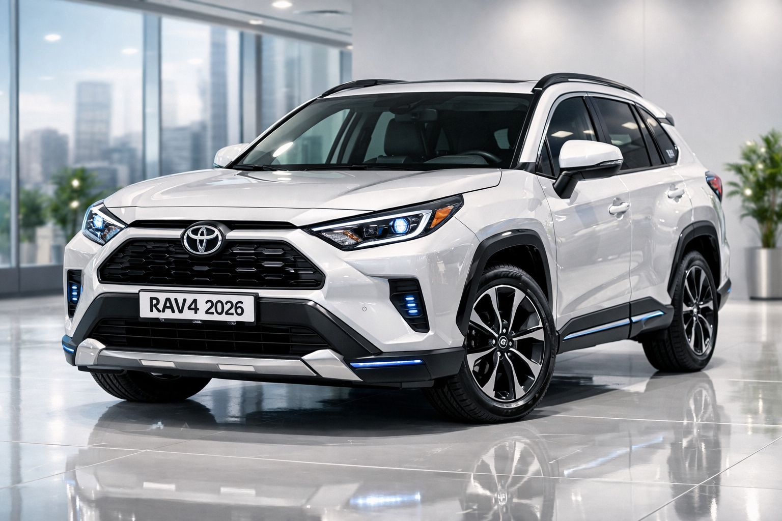 Carro SUV Toyota RAV4 2026 branco exposto em showroom com iluminação moderna e piso brilhante.