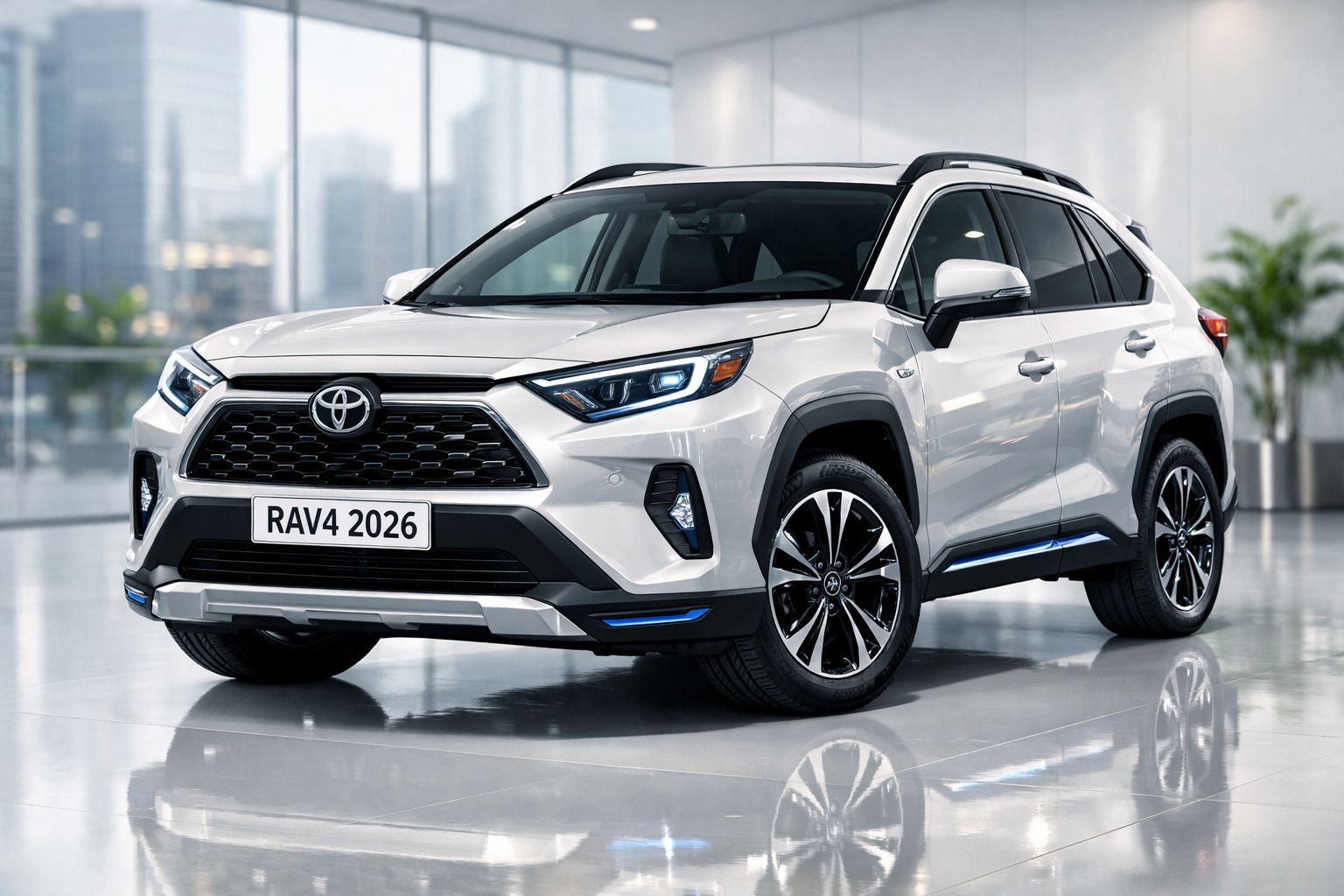 Toyota RAV4 2026 branco estacionado em interior com janelas grandes e reflexos no chão polido.