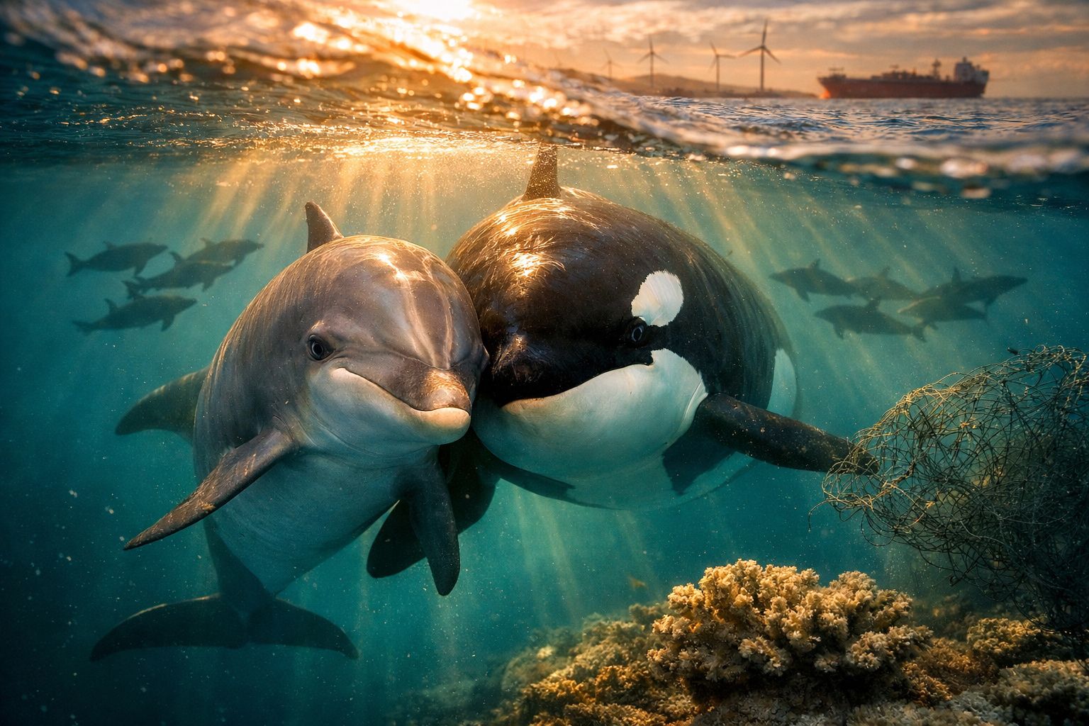Golfinho e orca juntos debaixo de água, com rede presa e navio ao fundo durante pôr do sol.