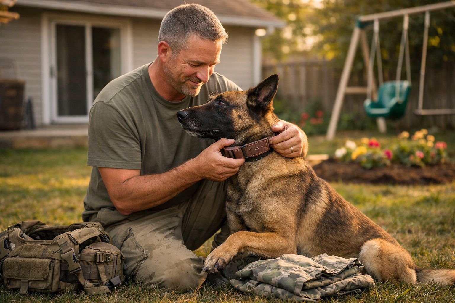 Homem sorridente ajoelhado a apertar a coleira de um cão pastor belga num jardim ensolarado.