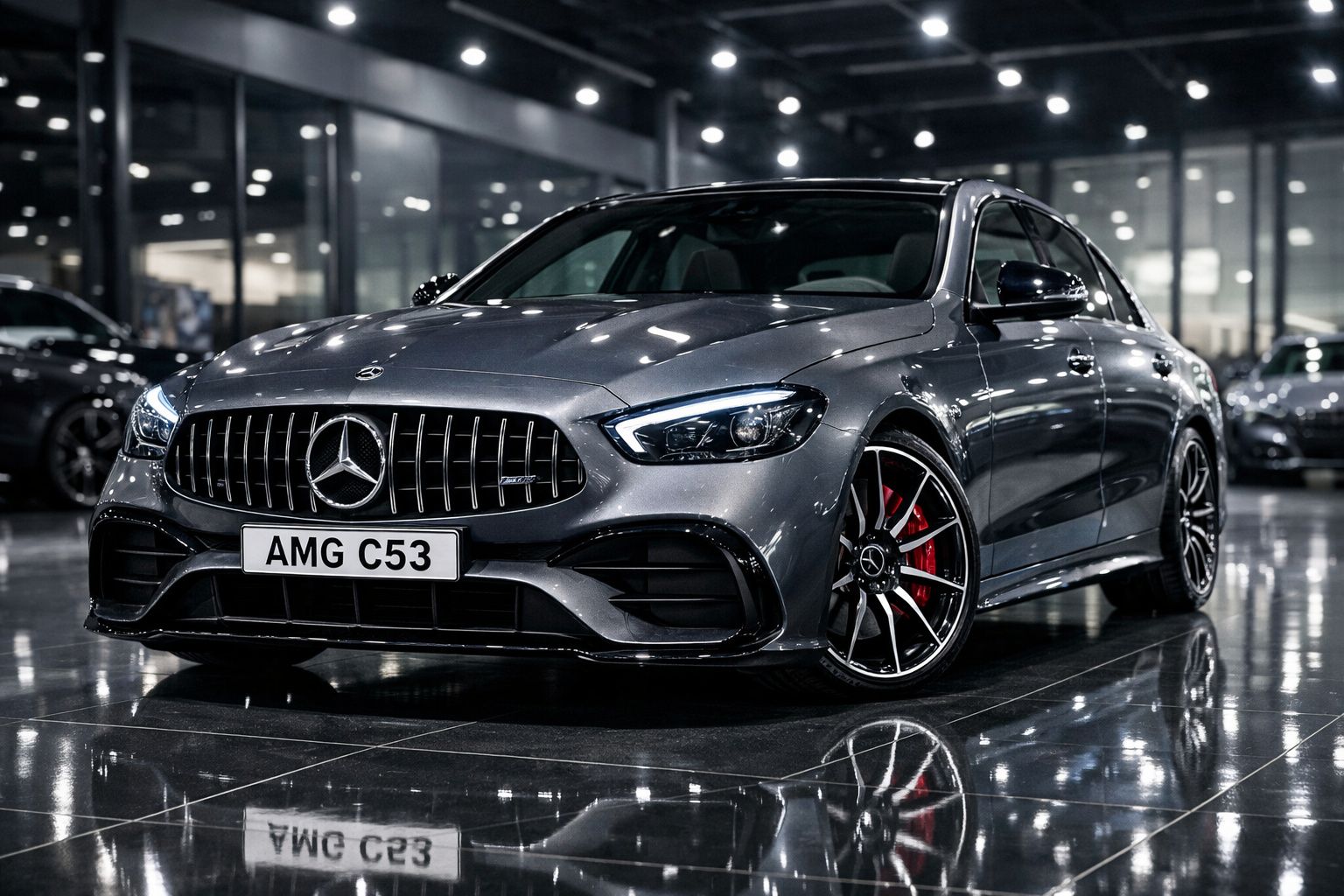 Mercedes-Benz AMG C53 cinza estacionado em showroom iluminado, com detalhes em vermelho nas jantes.