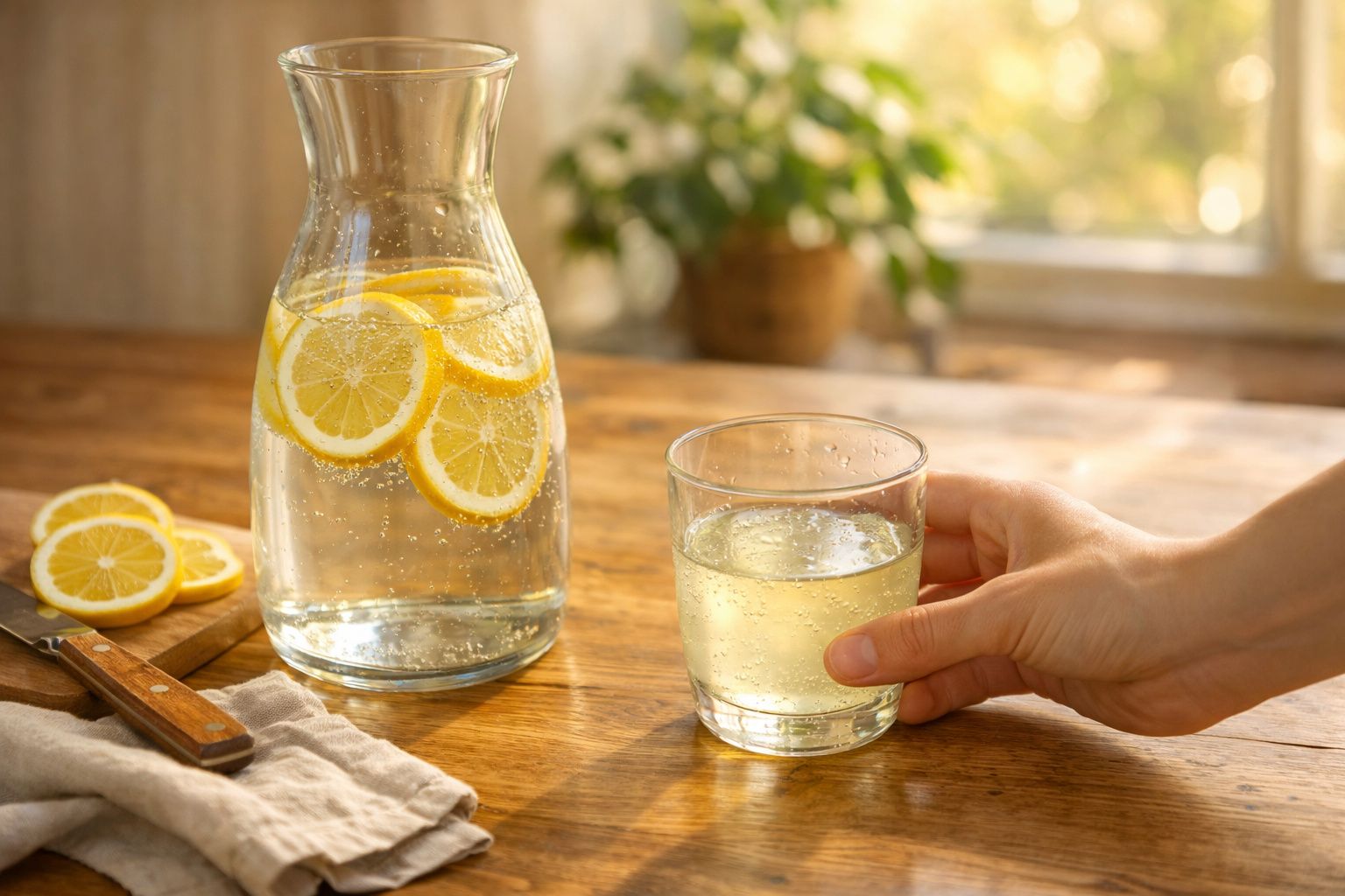 Mão a segurar copo de água com limão, jarro com fatias de limão e faca sobre mesa de madeira.