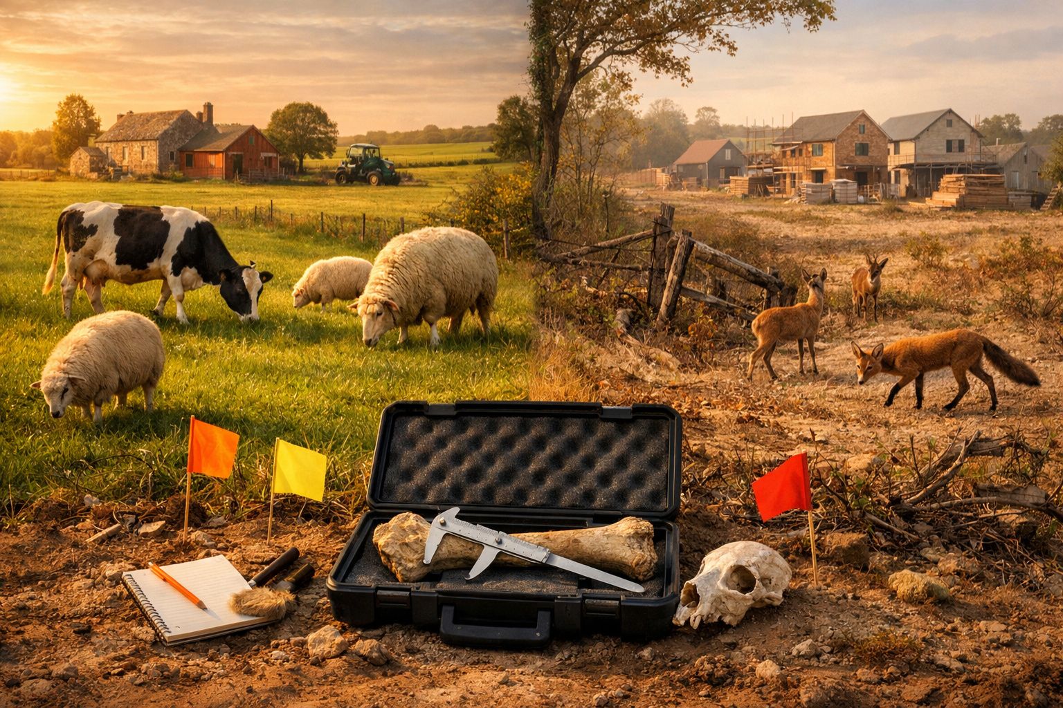 Paisagem rural com vaca, ovelhas, raposas, casas ao fundo e ferramentas arqueológicas com ossos em destaque.