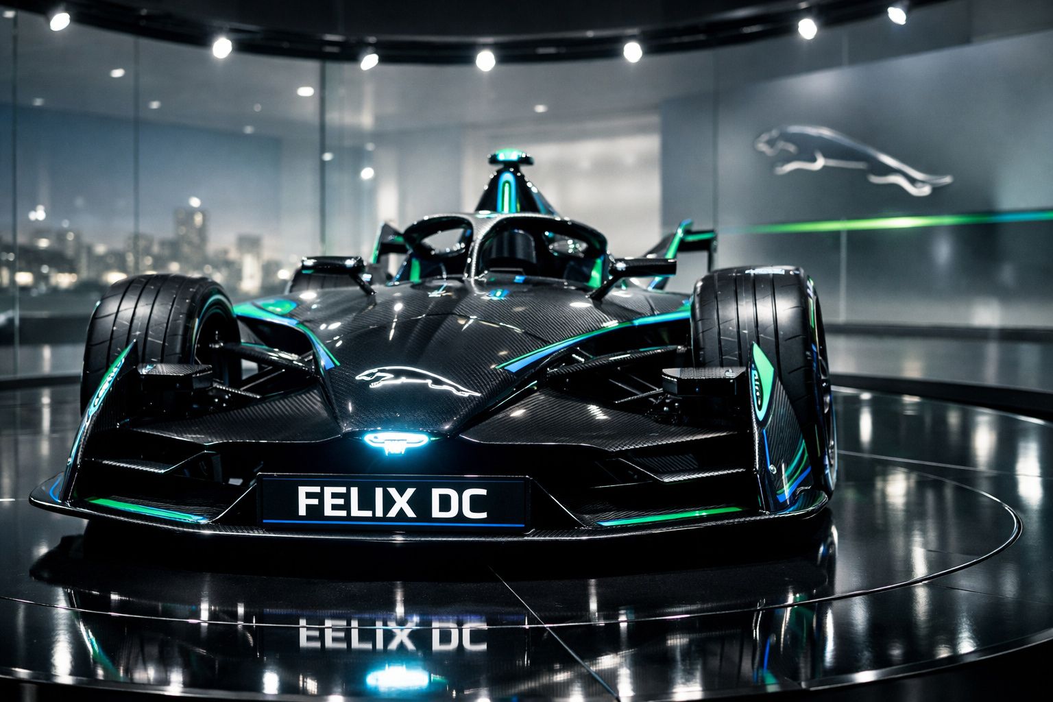 Carro de Fórmula E preto e verde da Jaguar com placa Felix DC em exposição num salão moderno.
