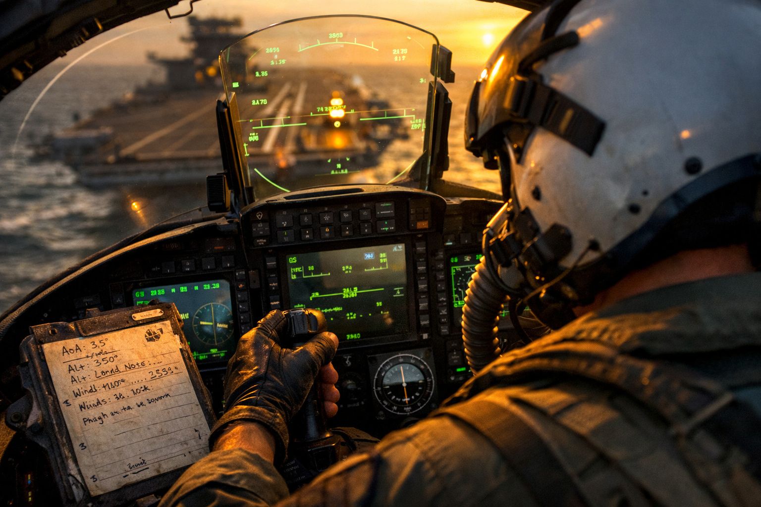Cockpit de helicóptero militar com piloto a efetuar aproximação a porta-aviões ao pôr do sol.