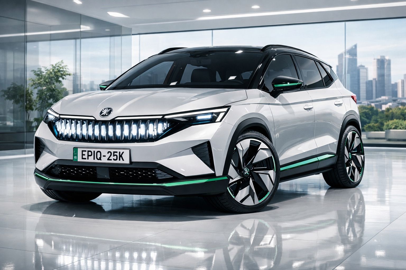 Carro SUV elétrico branco com detalhes verdes estacionado em showroom moderno com vista urbana ao fundo.