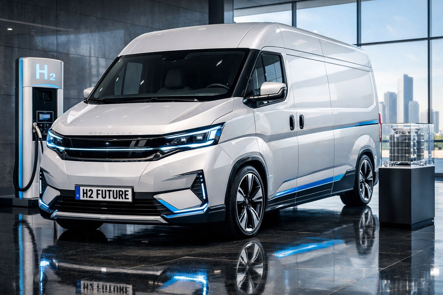 Carrinha elétrica branca moderna numa estação de carregamento de hidrogénio, com placa "H2 FUTURE".