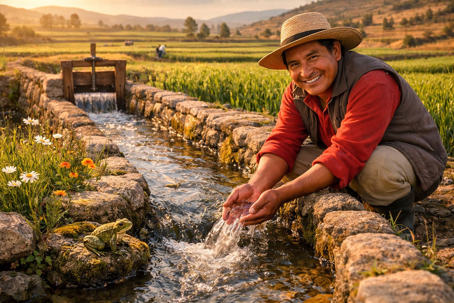 Homem de chapéu recolhe água num canal de pedra rodeado por flores e uma rã numa paisagem rural ao pôr do sol.