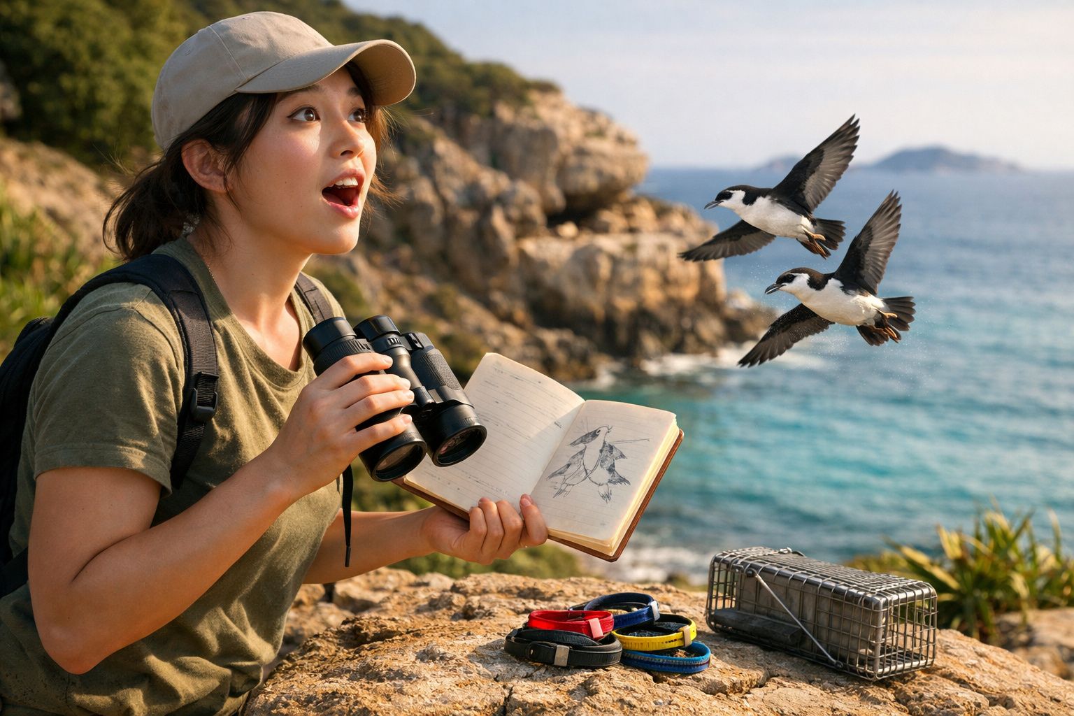 Jovem observadora de aves com binóculos e caderno, a ver dois pássaros a voar junto ao mar e falésia.