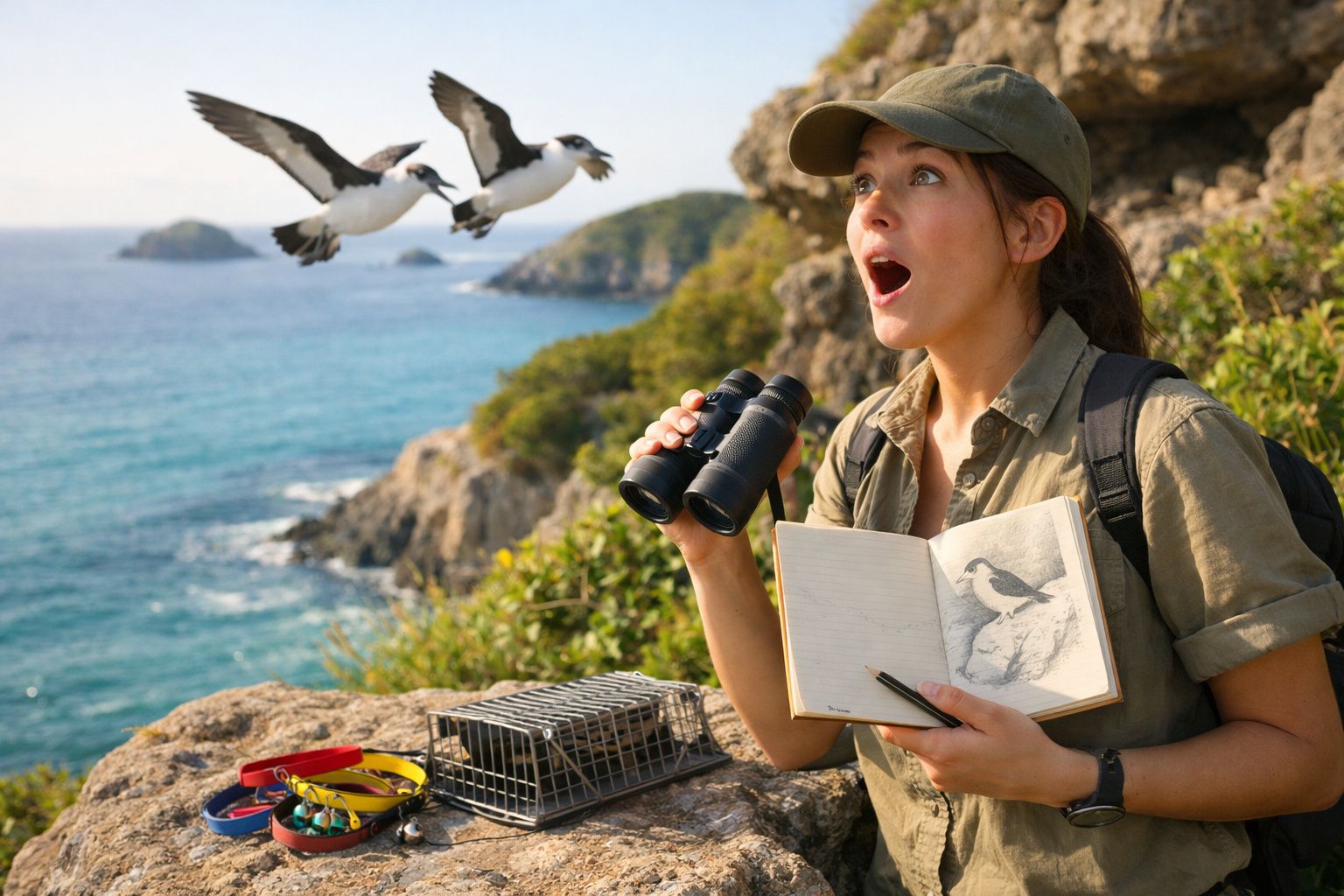 Mulher observa aves junto ao mar com binóculos e caderno de desenho aberto mostrando um pássaro.