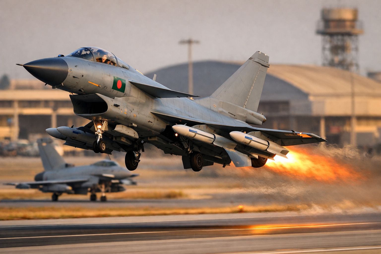 Caça militar com bandeira do Bangladesh a levantar voo numa pista, lançando chama pelo motor traseiro.