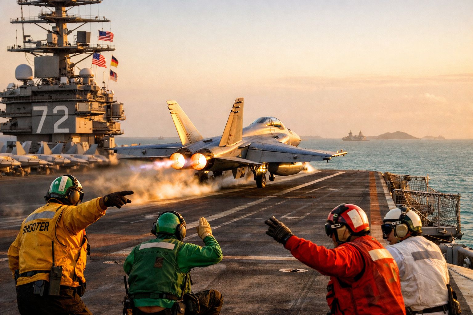 Caça F-18 a descolar de porta-aviões com equipa de operações a dirigir a manobra ao pôr do sol.
