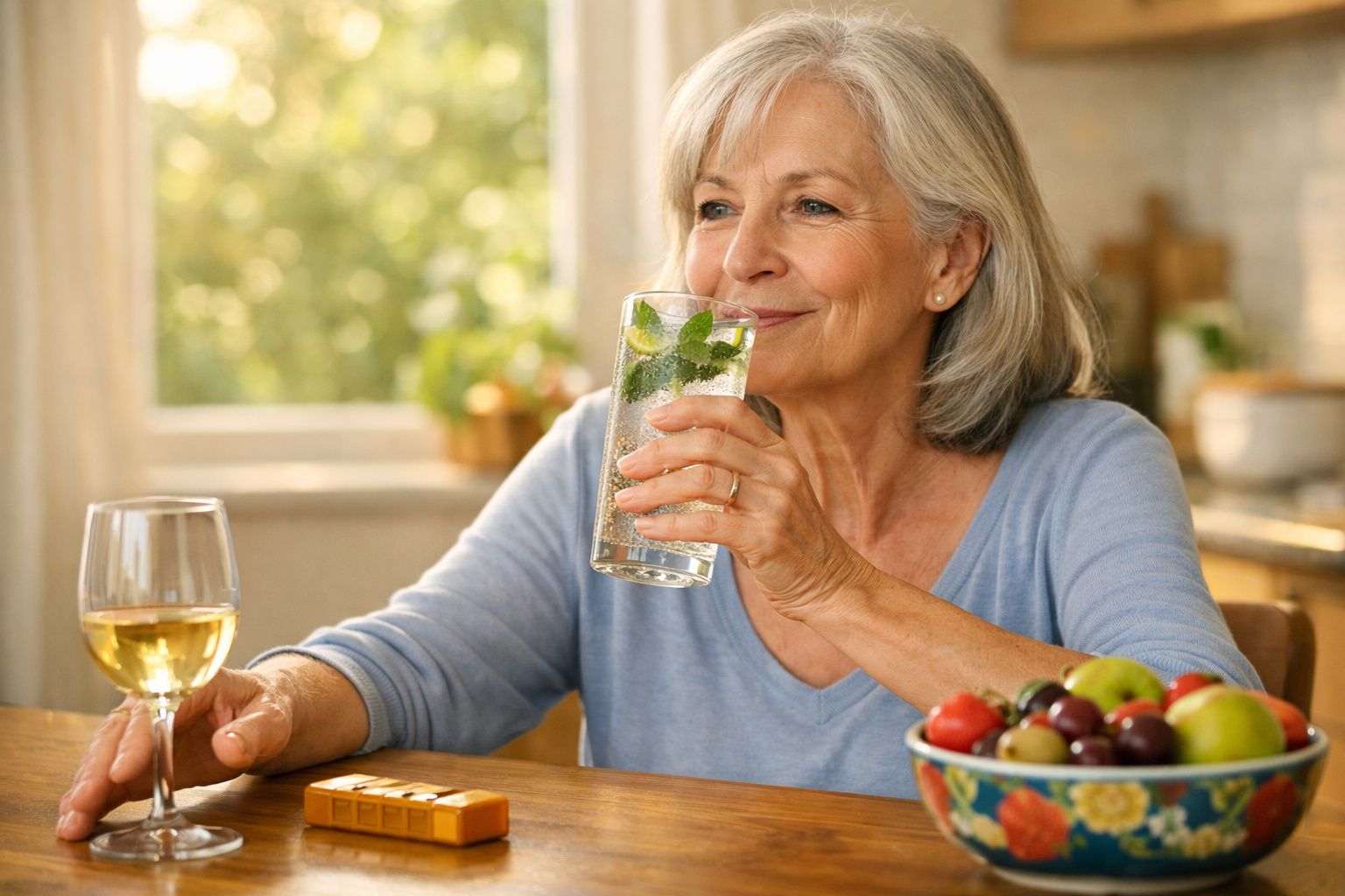 Mulher sénior a beber água com hortelã, sentada à mesa com taça de vinho e tigela de fruta.