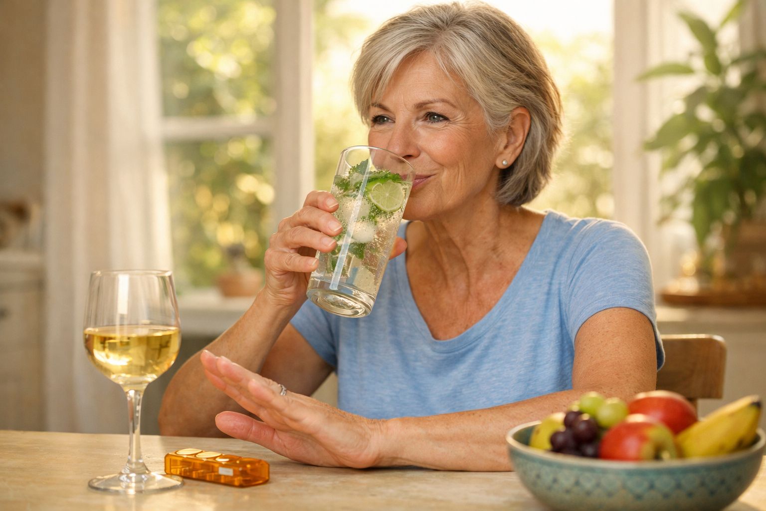 Mulher sorridente a beber água com limão e hortelã, recusando uma taça de vinho num ambiente luminoso.