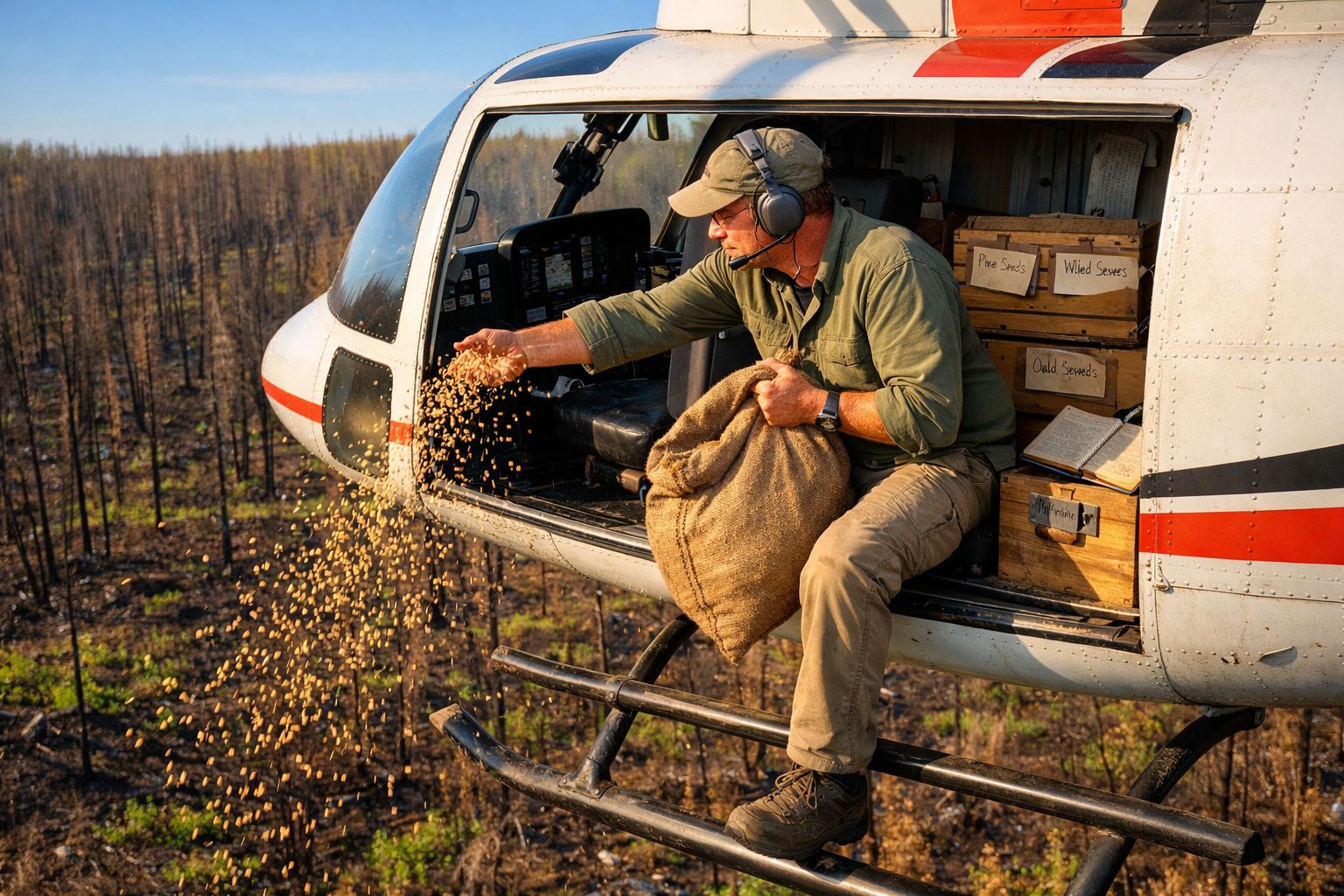 Homem lança sementes do interior de um helicóptero sobre área florestal ardida para replantação.