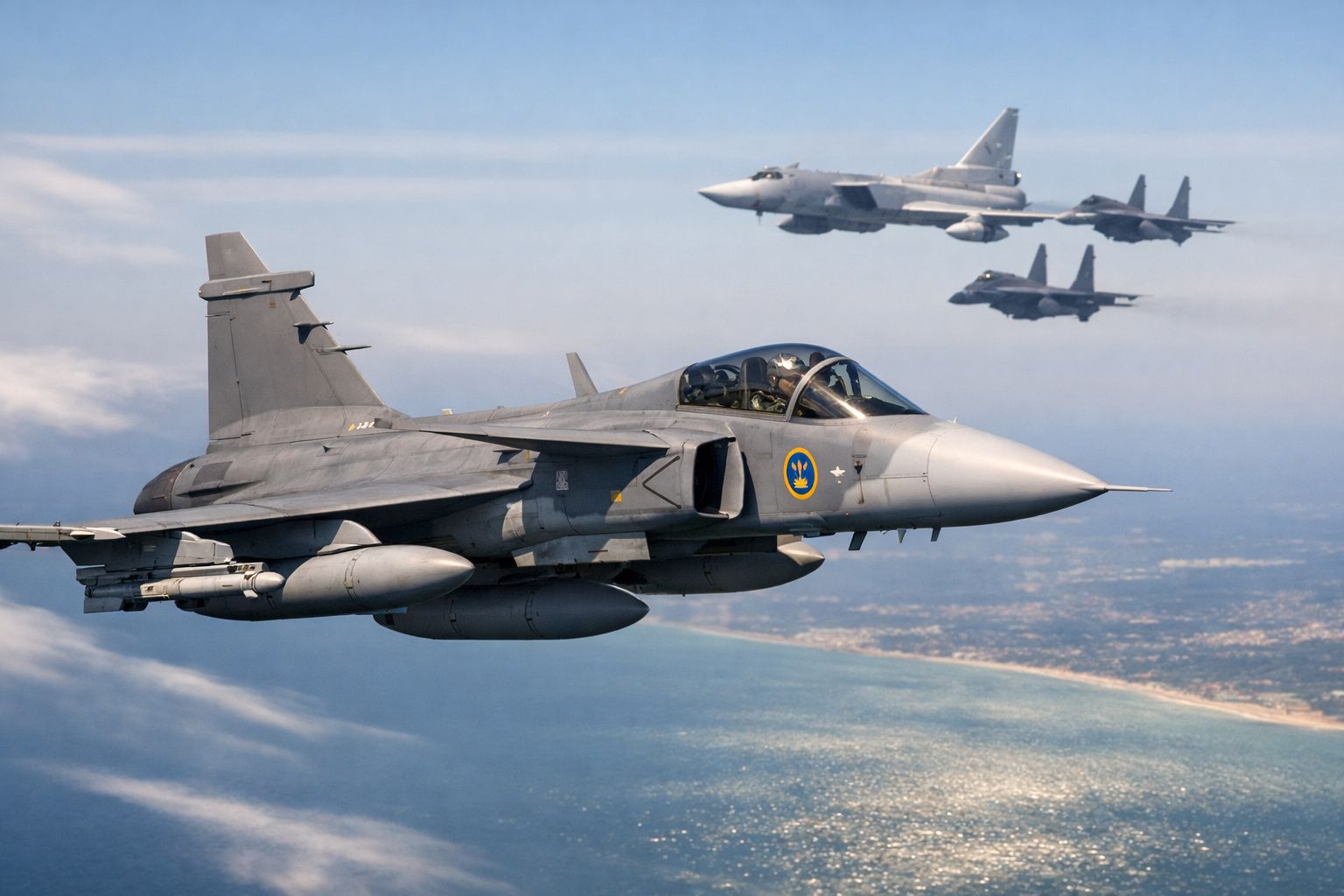 Formação de quatro caças militares em voo sobre o mar e uma linha costeira ao fundo.