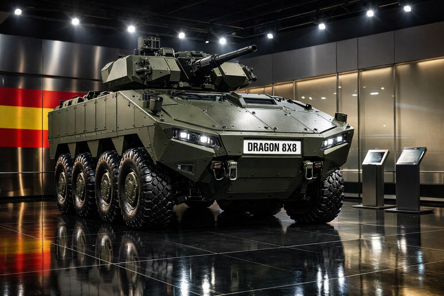 Veículo blindado 8x8 verde militar Dragon 8x8 exposto em interior com piso refletor e bandeira espanhola ao fundo.