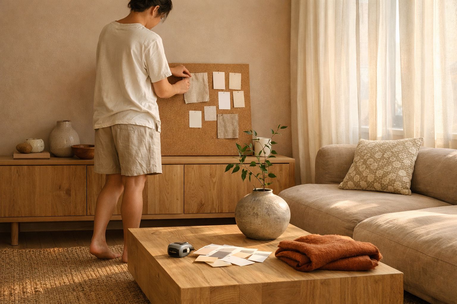 Pessoa a organizar amostras num quadro de cortiça numa sala de estar com decoração neutra e natural.