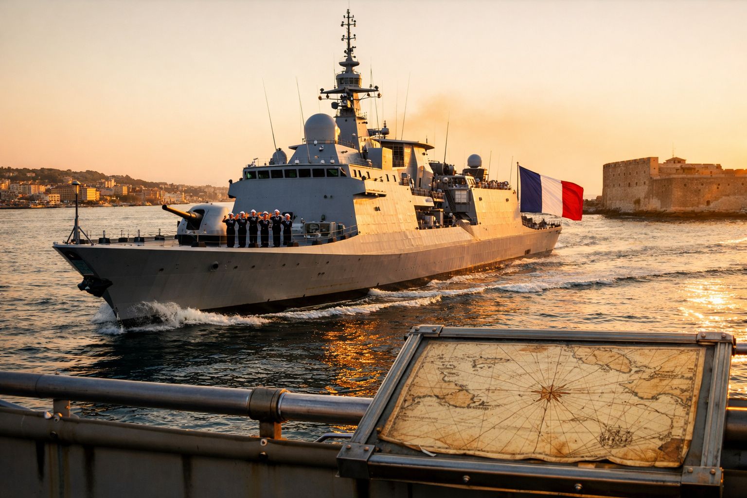 Navio de guerra militar francês com tripulação a bordo navegando ao pôr do sol perto da costa.