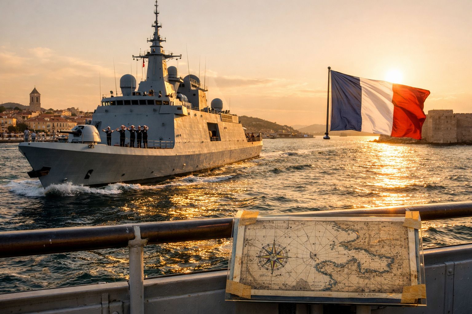 Navio de guerra francês ao pôr do sol com tripulação em saudação e bandeira nacional ao vento.
