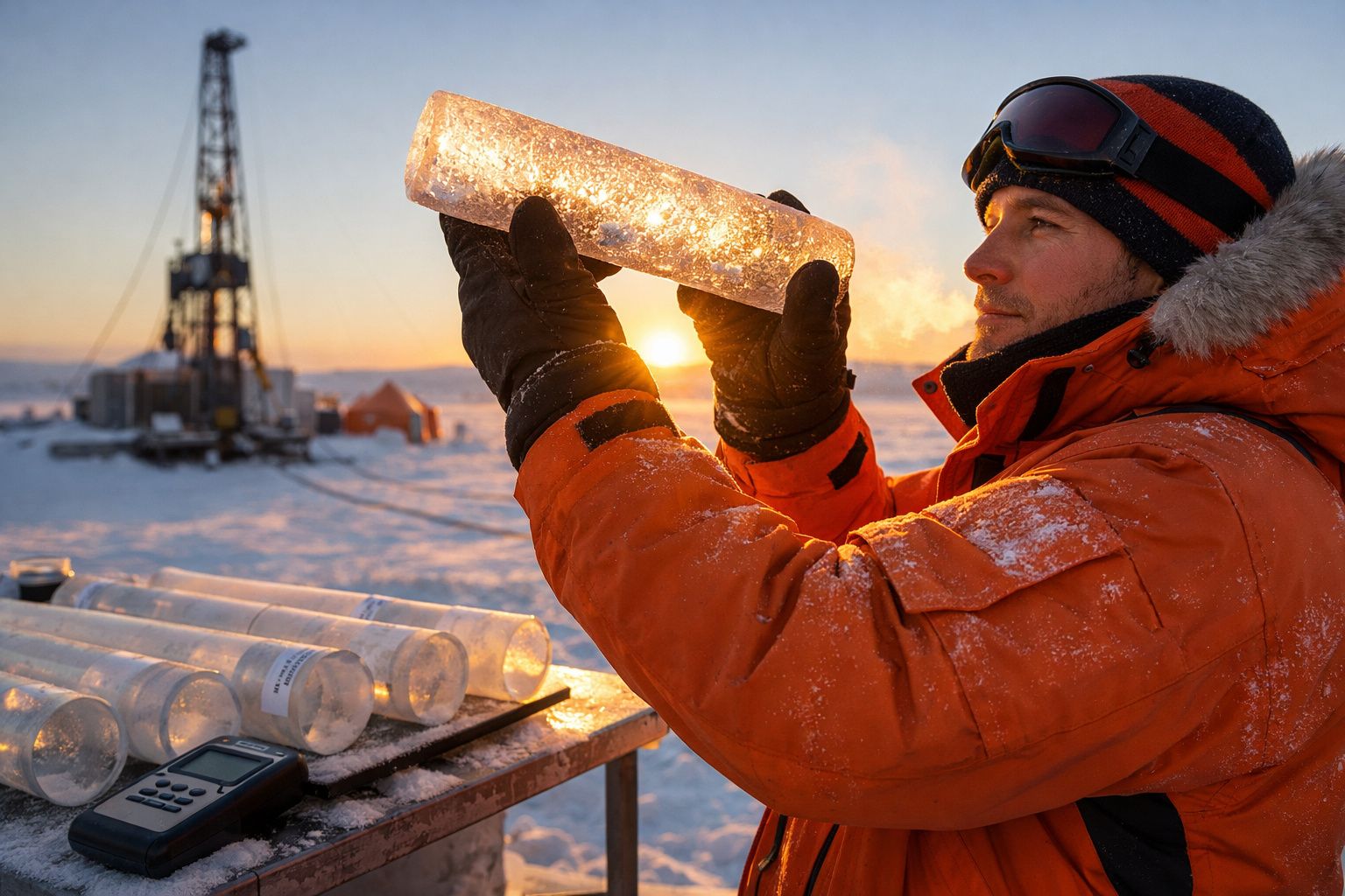 Homem de casaco grosso analisa núcleo de gelo transparente em paisagem nevada durante o pôr do sol.
