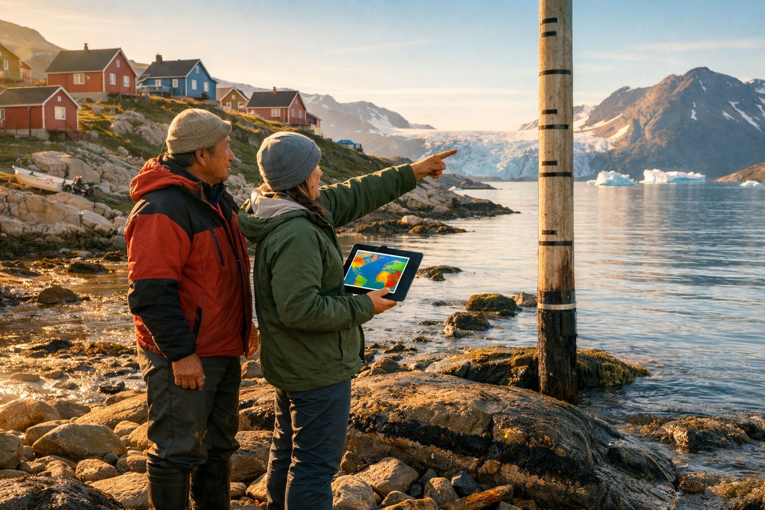 Duas pessoas com roupa de inverno observam o gelo e a montanha junto ao mar, uma delas aponta segurando um tablet.