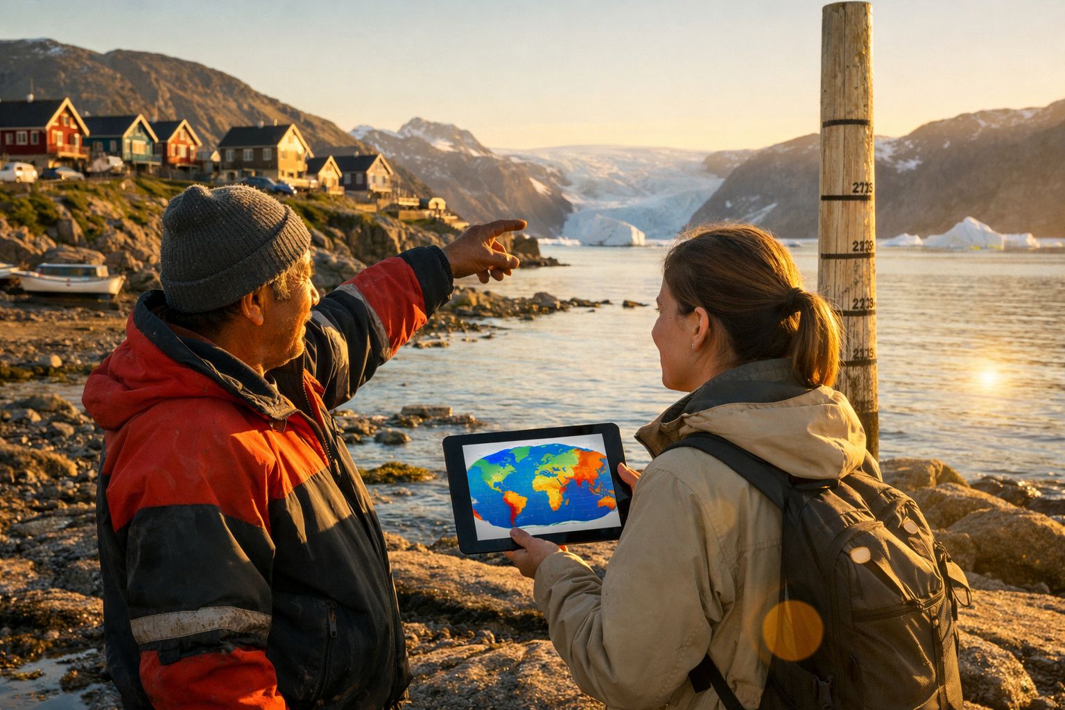 Homem e mulher com tablet no fiorde, perto de casas coloridas e icebergues ao pôr do sol.