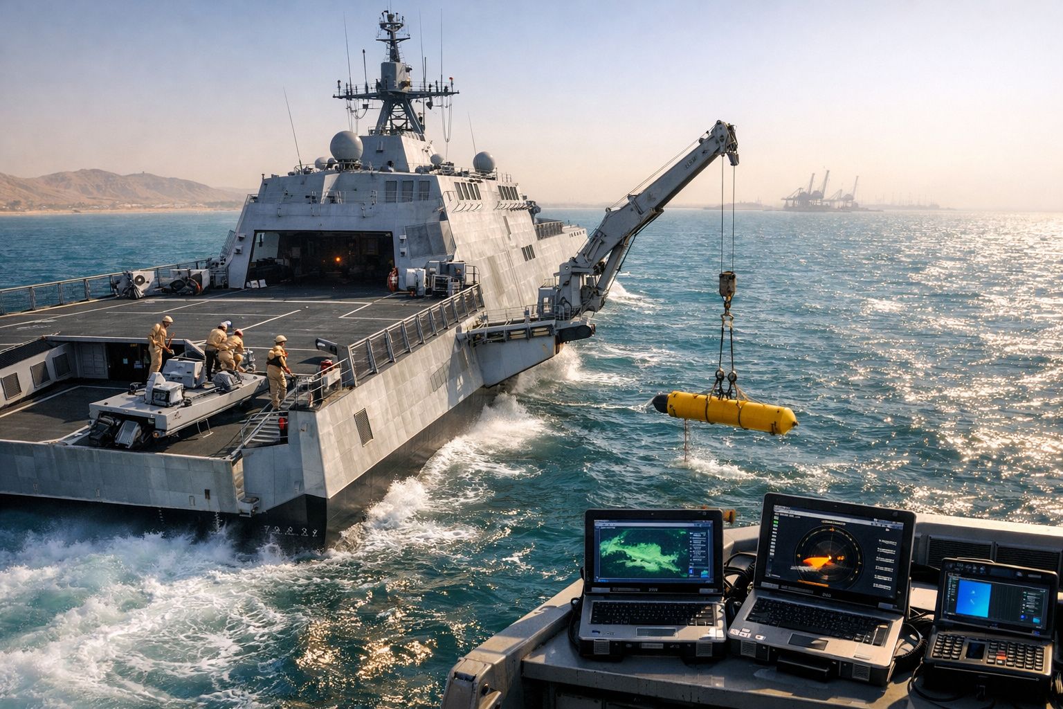 Navio militar lança um drone subaquático amarelo para o mar, controlado por operadores com vários ecrãs.