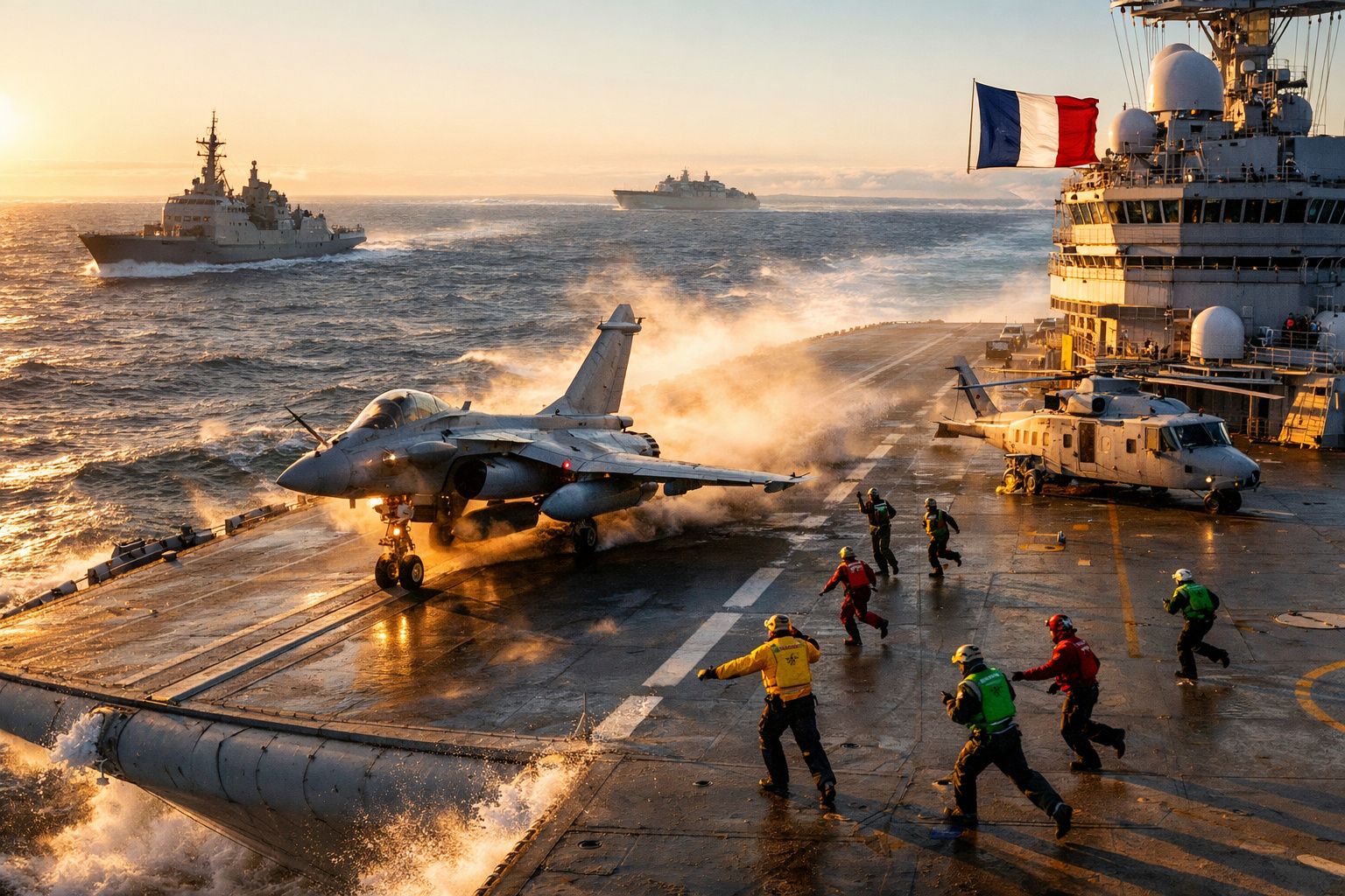 Caça militar a descolar do convés de um porta-aviões francês com tripulantes em ação e navios ao fundo.