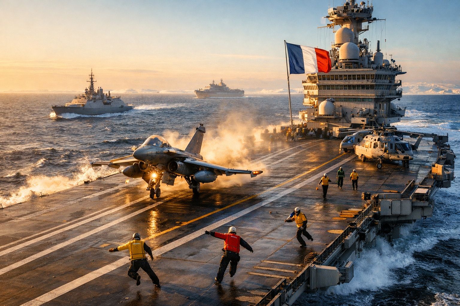 Porta-aviões francês com avião a descolar e marinha ao redor ao pôr do sol.