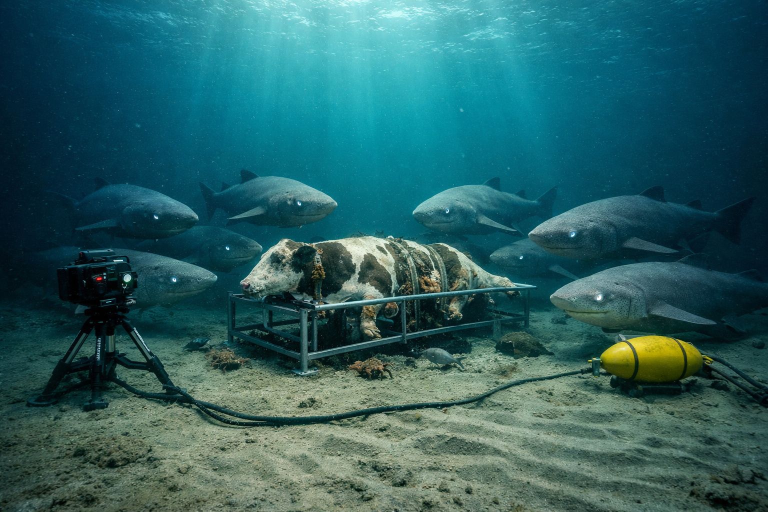 Câmara subaquática a filmar vaca morta presa, rodeada por vários tubarões no fundo do mar.