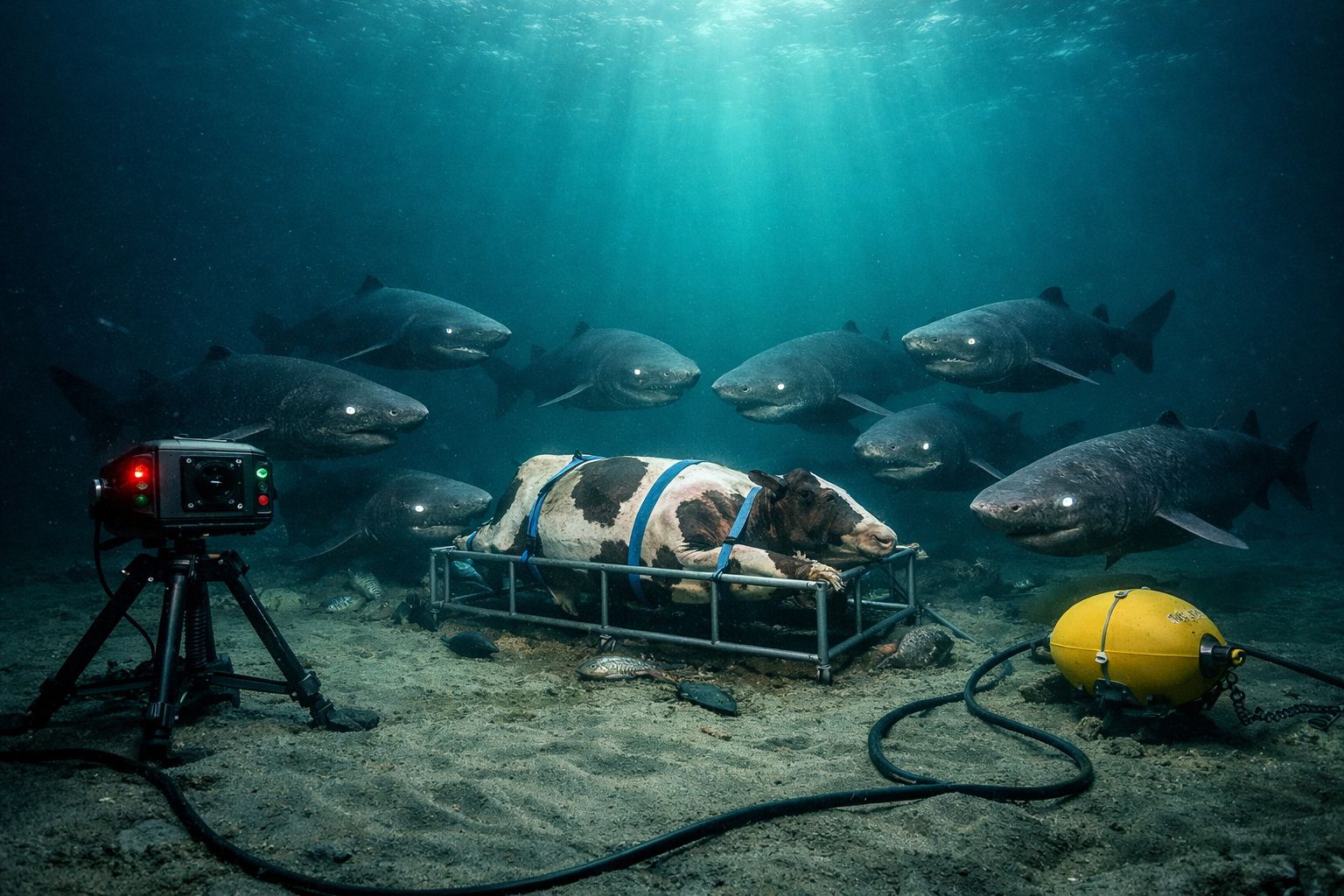 Vaca de plástico num tanque subaquático rodeada de tubarões e equipamento de filmagem submerso.