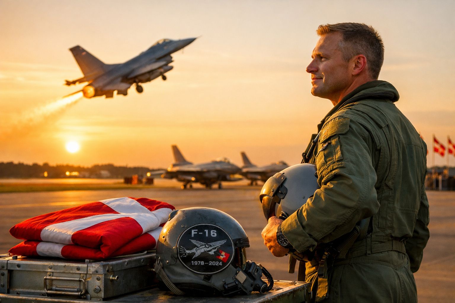 Piloto militar com fato de voo e capacete ao pôr do sol, com caças F-16 e bandeira da Dinamarca ao fundo.