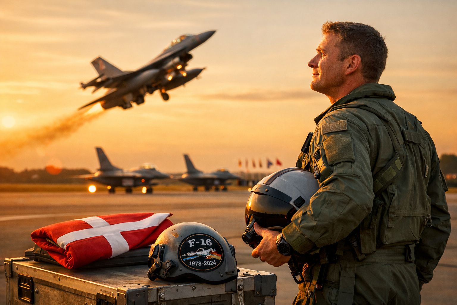 Piloto militar junto a capacetes e bandeira da Dinamarca observa jato F-16 a levantar voo ao pôr do sol.