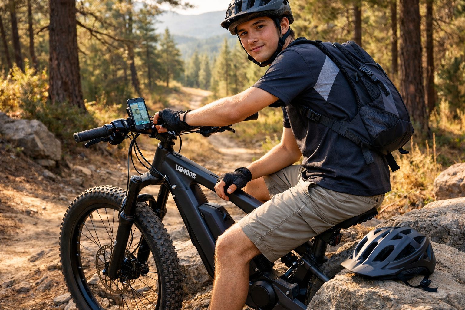 Jovem com mochila em bicicleta elétrica no trilho de floresta com capacete junto rodeado por árvores.