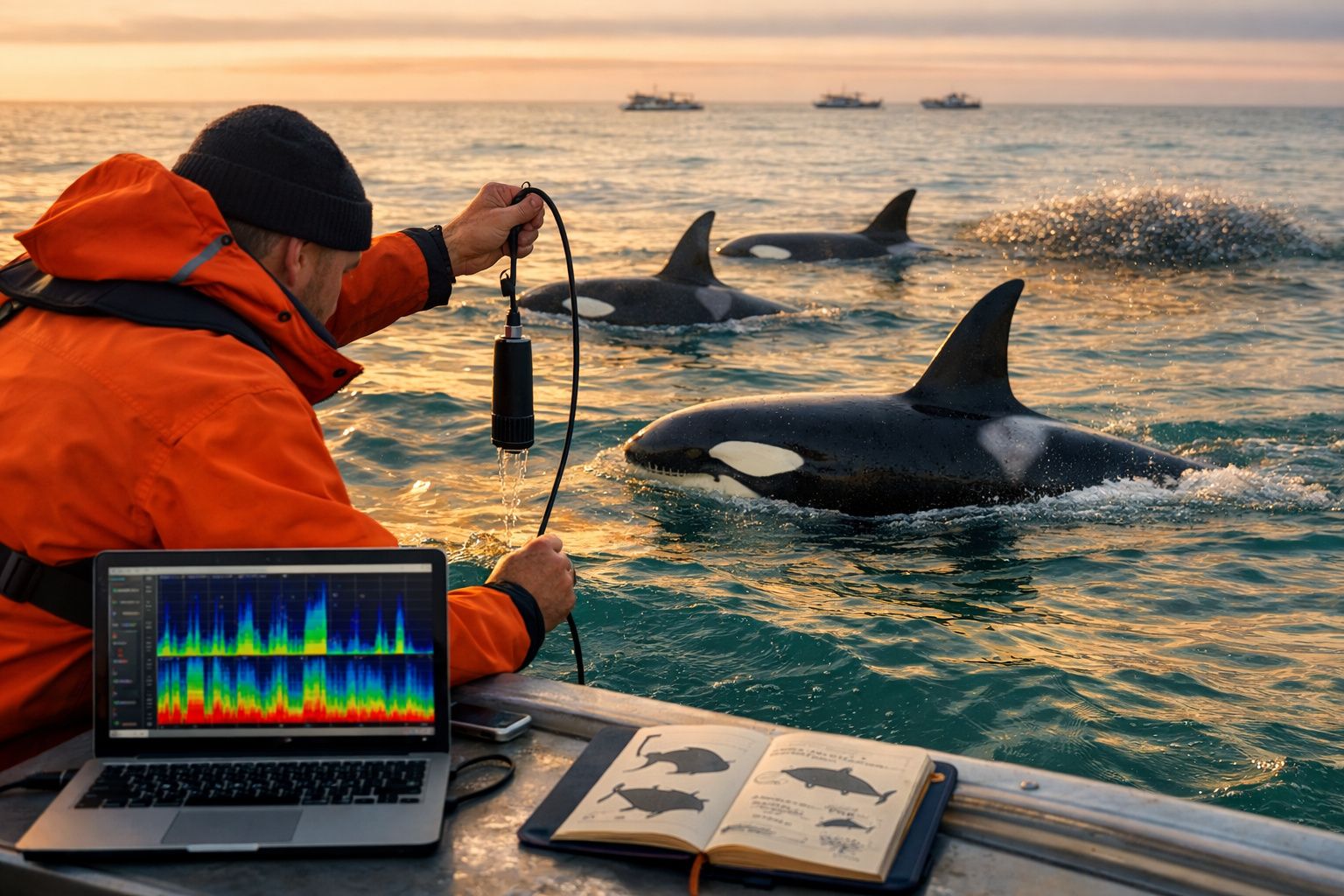 Investigador em barco com equipamento a monitorizar orcas a nadar durante o pôr do sol.