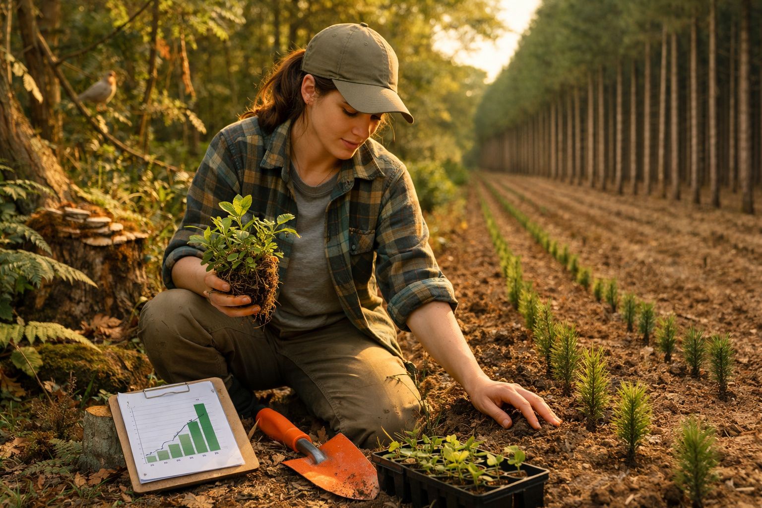 Mulher a plantar árvores numa plantação organizada ao pôr do sol com gráfico de crescimento ao lado.