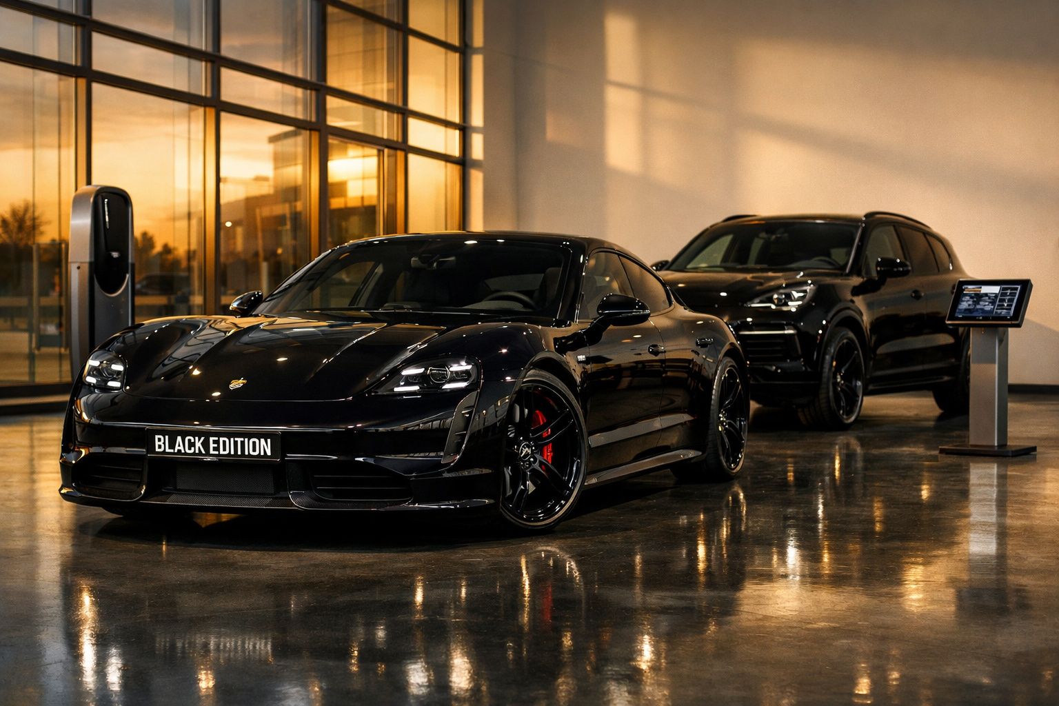 Dois carros pretos estacionados em show room moderno, um desportivo com placa Black Edition e um SUV atrás.