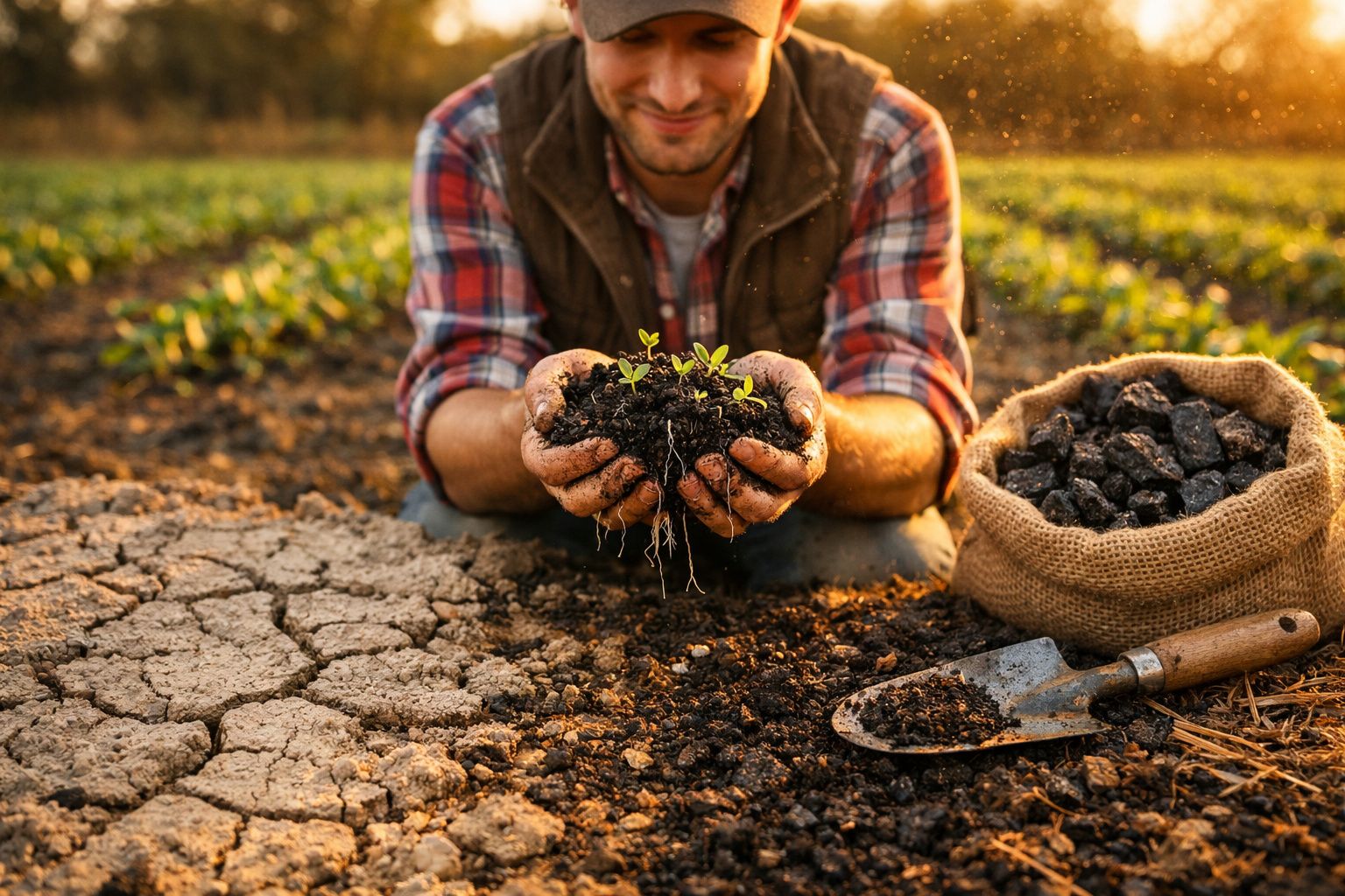 Homem na agricultura segura terra com mudas e compostagem no campo ao pôr do sol.
