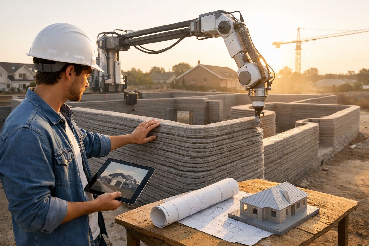 Homem com capacete observa construção 3D de parede com robô, segurando tablet com imagem de casa.
