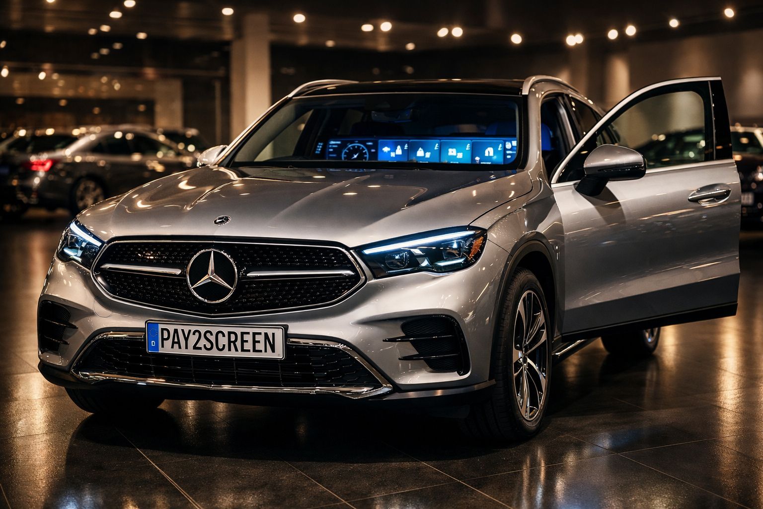 Carro Mercedes cinza com faróis ligadas e porta do condutor aberta em ambiente interior iluminado.