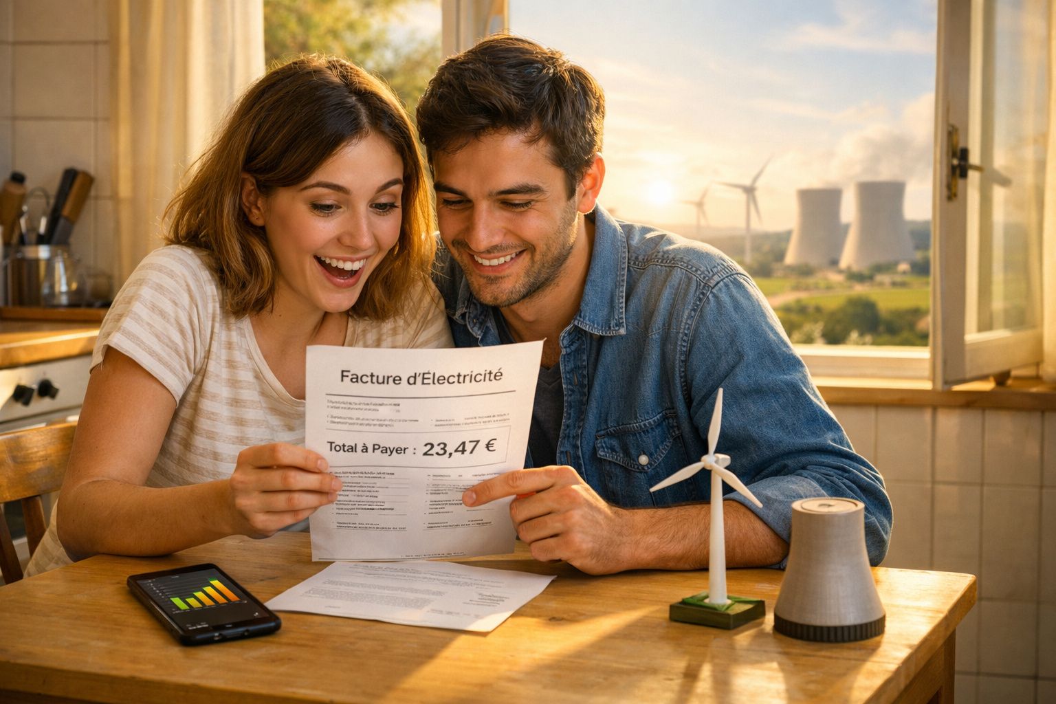 Casal feliz a analisar fatura de eletricidade baixa com miniatura de turbina eólica na mesa.