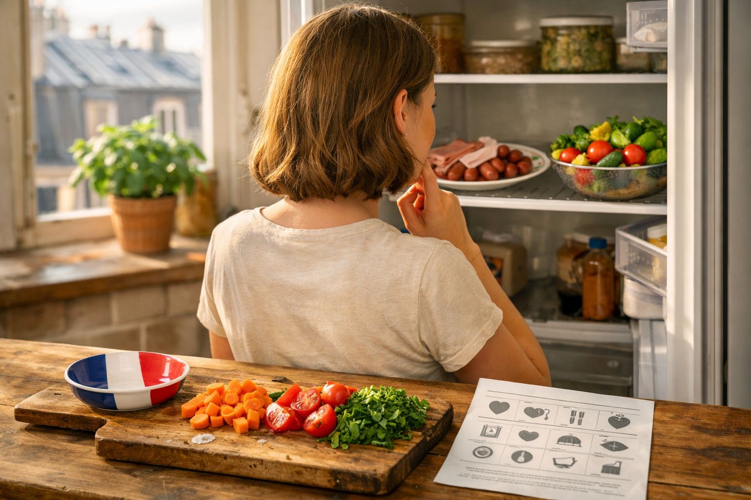Mulher a olhar para dentro do frigorífico com legumes e ervas frescas picadas numa tábua na bancada.